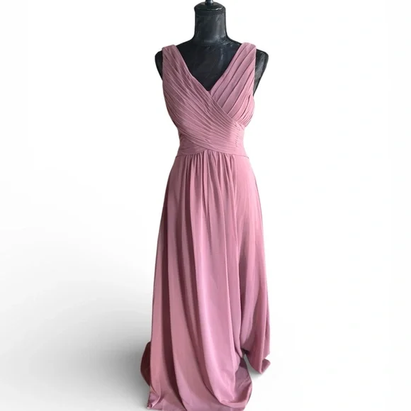 Azazie Dusty Rose Chiffon Bridesmaid Dress Pleated V Neck Maxi Small - Picture 2 of 6